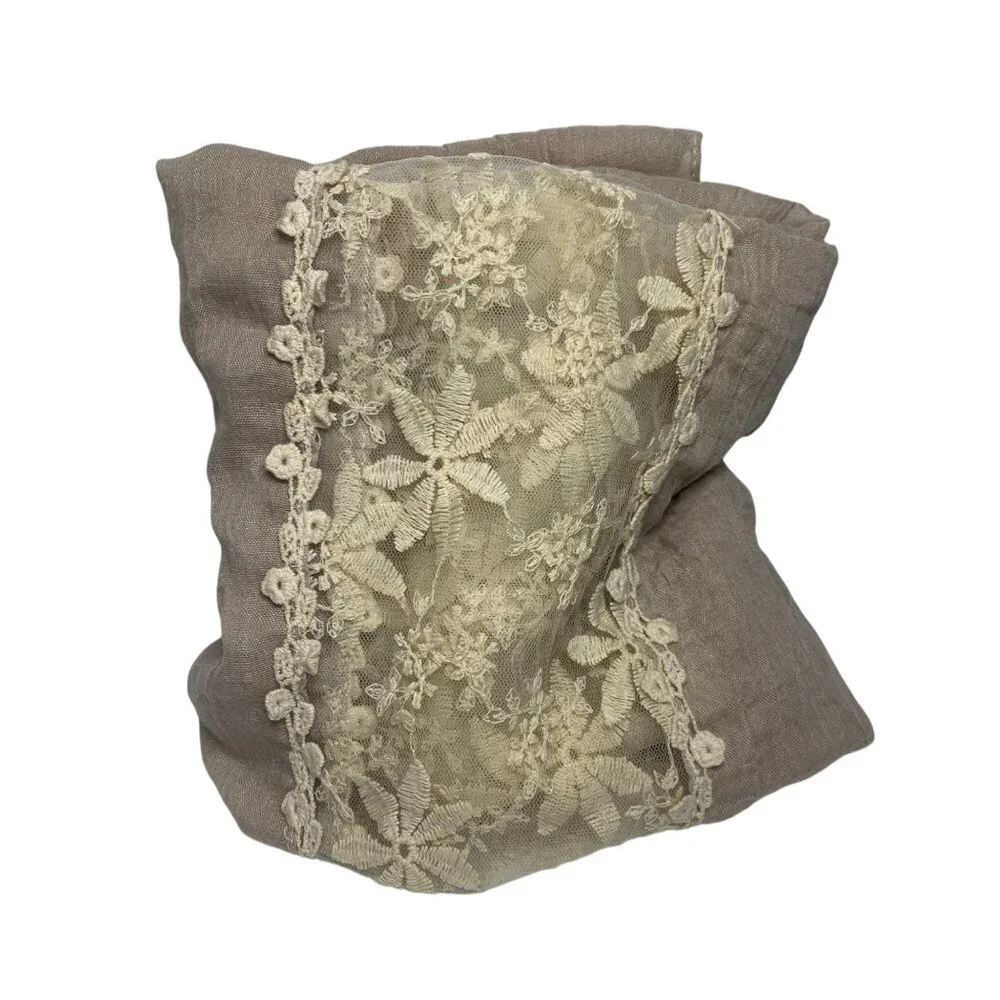 Circle Infinity Scarf‎ Taupe Lace Embroidered Cream Flowered Appliquéd Romantic